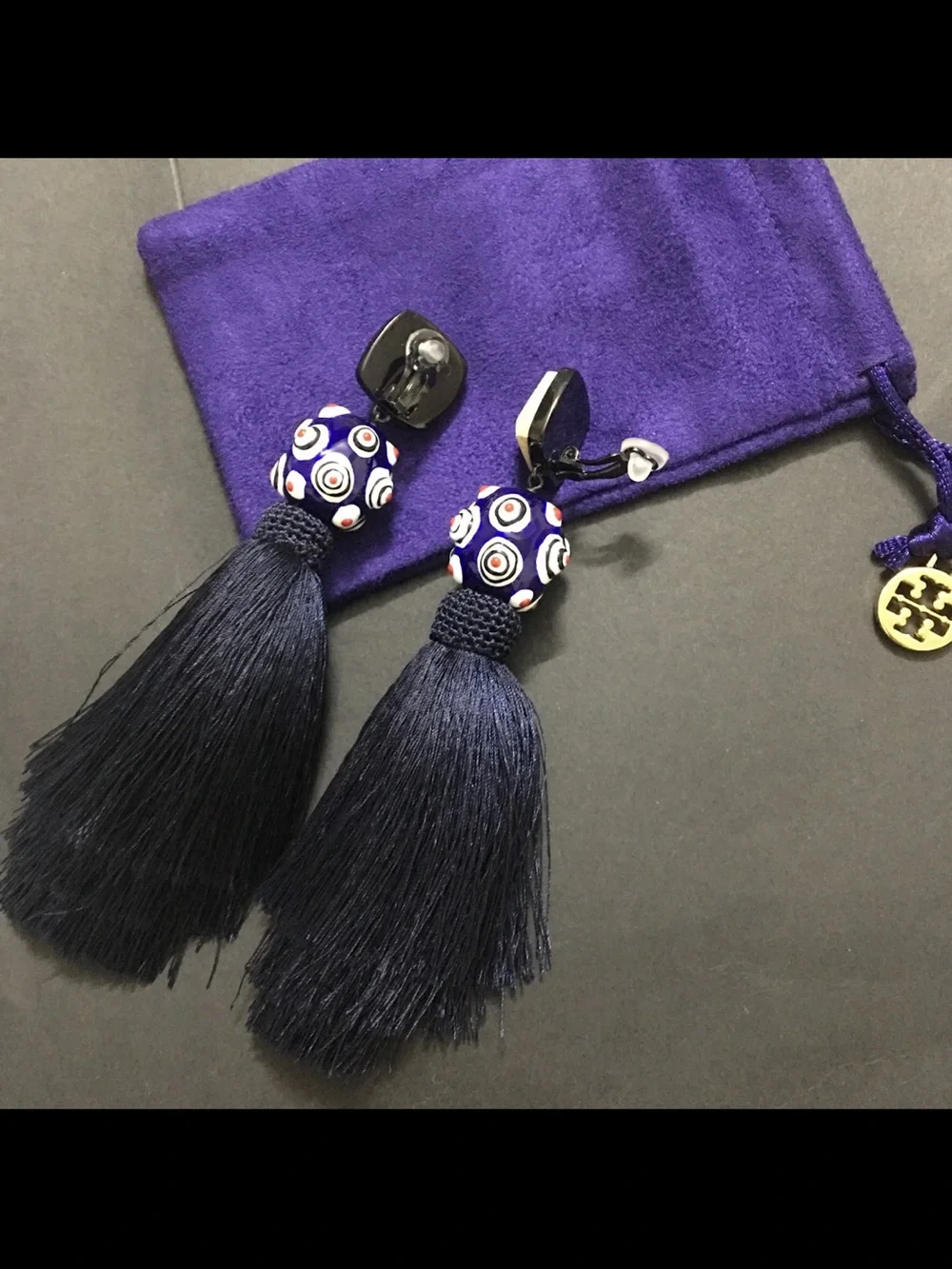 Tory Burch Navy and Gold Tassel Drop Earrings with Patterned Bead